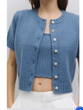 Blue Knit Short Sleeve Cardigan & Tank Set